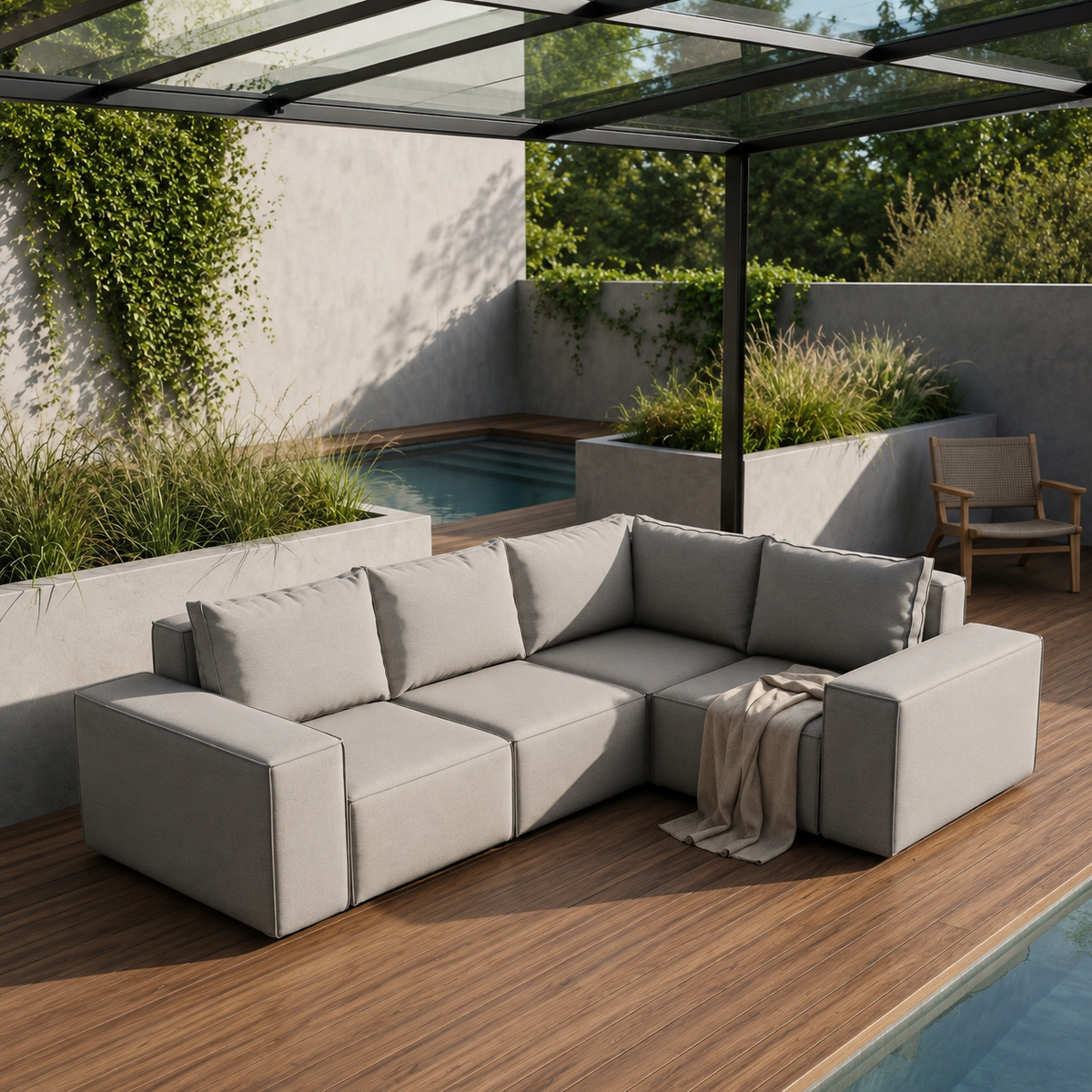 Ecksofa GARTEN Gartenmöbel Terrasse wasserdicht OUTDOOR, Hellgrau