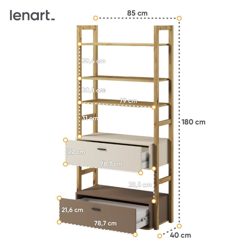 Bücherregal Lenart LENNY LY-02 Eiche Artisan/beige/Trüffel