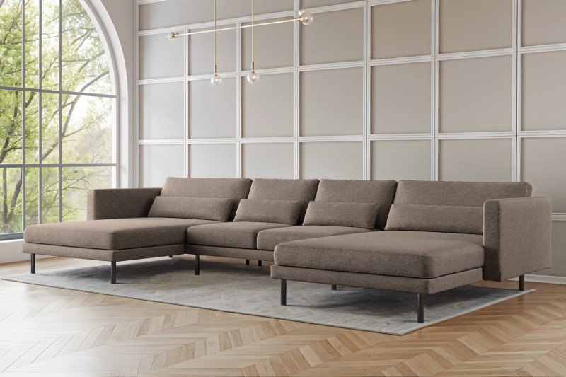 Elegantes Ecksofa DANI U mit Verita-Stoff in modernem Wohnzimmer – großes U-förmiges Sofa mit Kissen und Metallfüßen 16