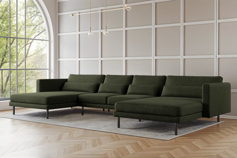 Elegantes Ecksofa DANI U mit Verita-Stoff in modernem Wohnzimmer – großes U-förmiges Sofa mit Kissen und Metallfüßen 49