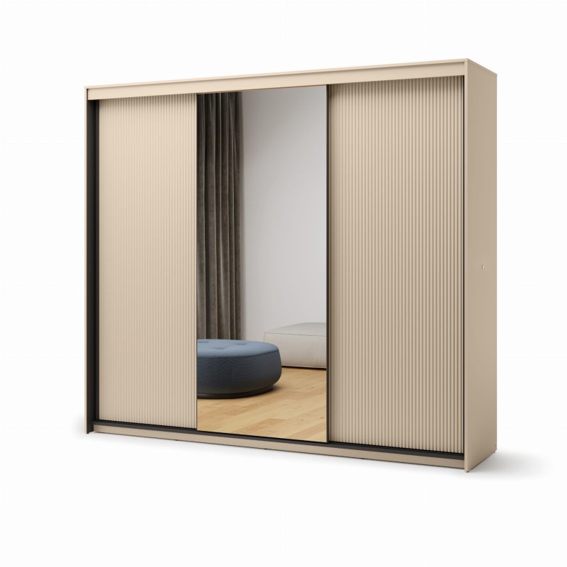 Schiebetürenschrank 250 cm in Sandbeige und Schwarz mit Spiegel – Modell TS-02