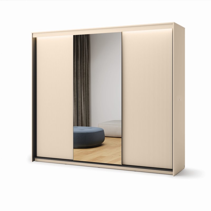 Schiebetürenschrank 250 cm in Sandbeige und Schwarz mit Spiegel – Modell TS-02