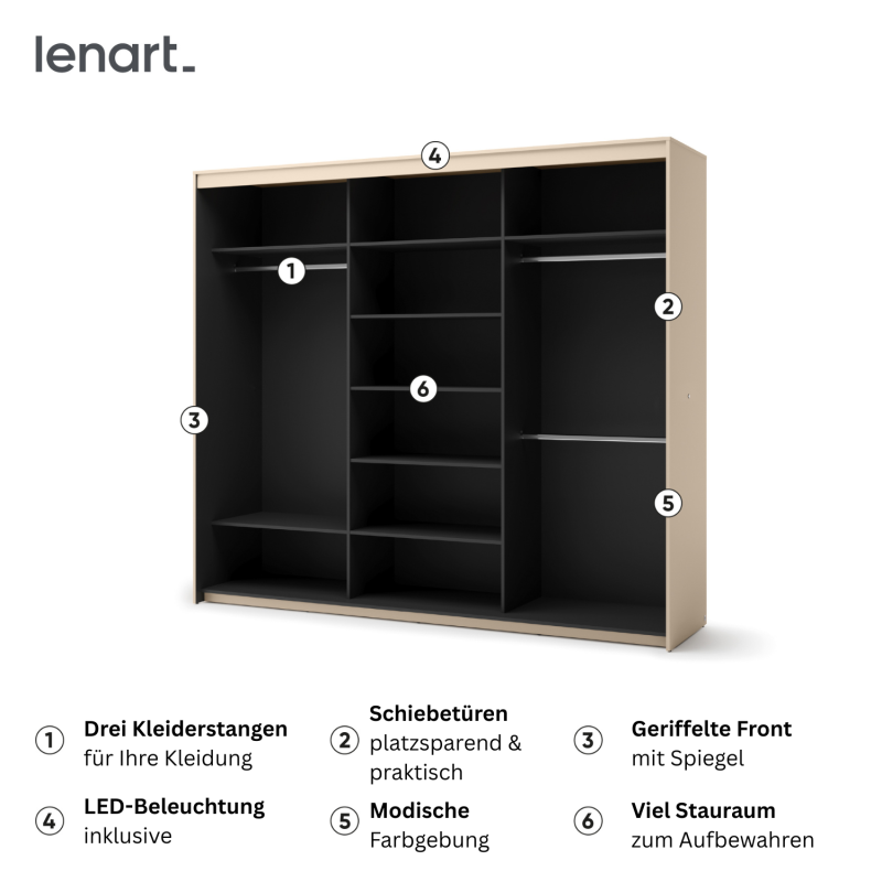 Funktionaler Schiebetürenschrank mit LED, Spiegel und Kleiderstangen – Innenansicht TS-02