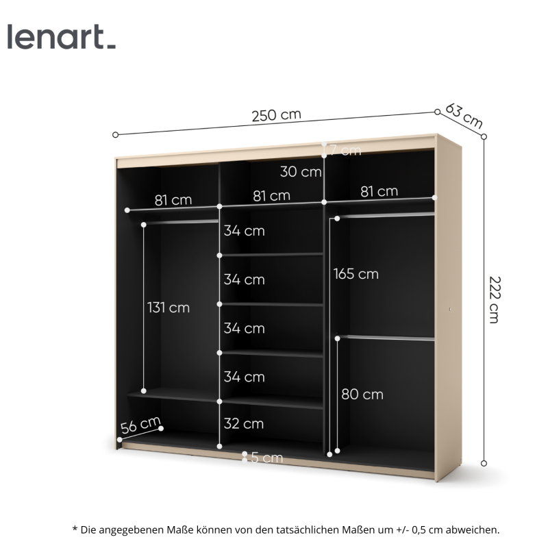 Kleiderschrank mit Maßen 250 x 222 x 63 cm – TREND TS-02 mit Schiebetüren und Spiegel