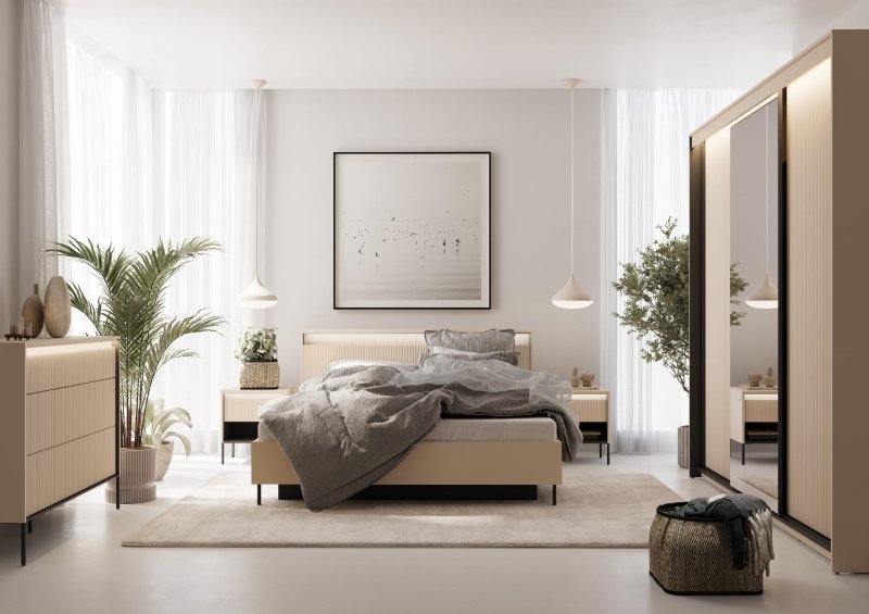 Großer Schiebetürenschrank im modernen Schlafzimmer – TREND TS-02 mit LED und Spiegel