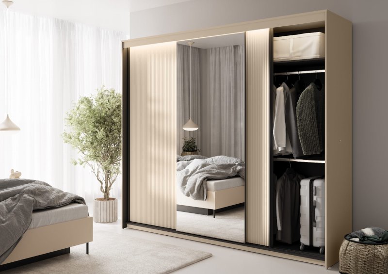 Großer Schiebetürenschrank im modernen Schlafzimmer – TREND TS-02 mit LED und Spiegel