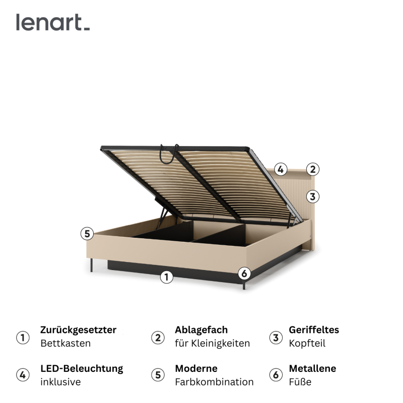 TS-03 Bett mit funktionalen Details – LED-Kopfteil, stabile Konstruktion, Metallrahmen