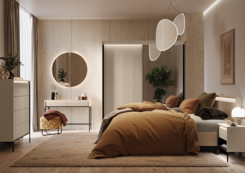 Design-Kommode TS-04 in modernem Schlafzimmer, stilvolle Einrichtung mit LED-Beleuchtung