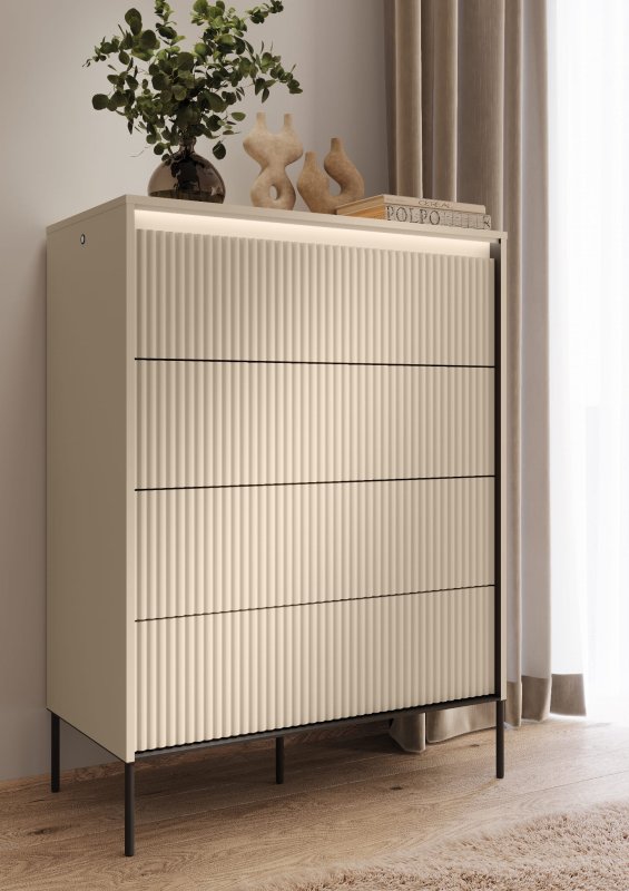 Design-Kommode TS-04 in modernem Schlafzimmer, stilvolle Einrichtung mit LED-Beleuchtung