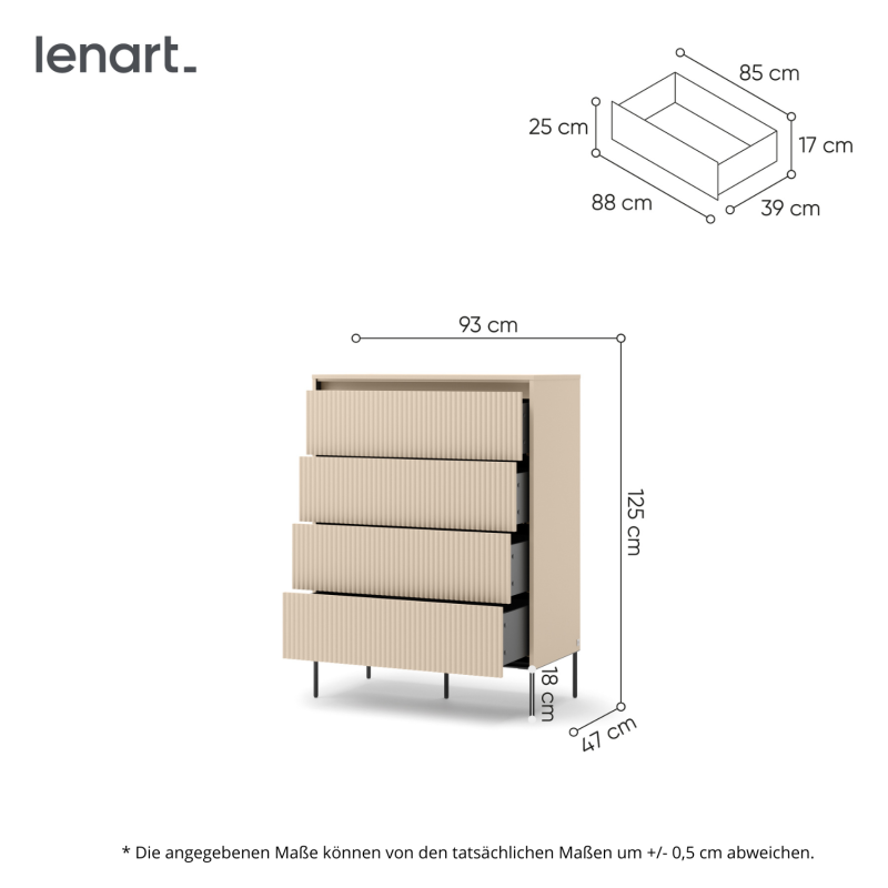 Technische Zeichnung der Kommode TS-04 mit Maßen: Höhe 93 cm, Breite 125 cm, Tiefe 47 cm