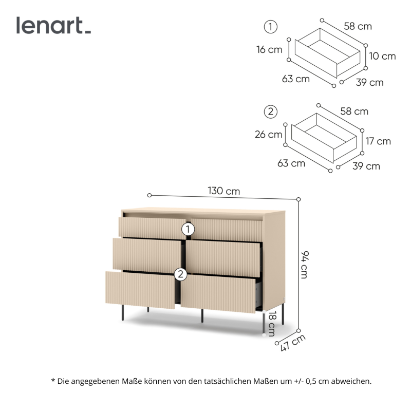 Kommode TS-06 Maße – Abmessungen der Schlafzimmerkommode 130x94x47 cm