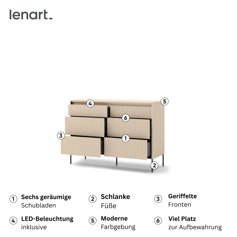 Funktionen der Kommode TS-06 – LED-Beleuchtung, Push-to-Open, 6 Schubladen