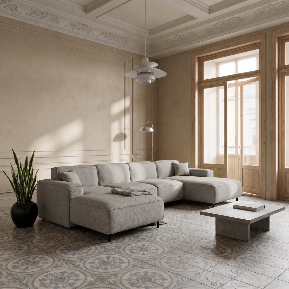 LUGA U HILLS Ecksofa, Artico, Cement / Hellgrau