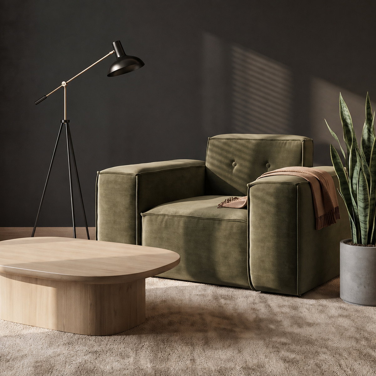 Sessel LUGA mit Knöpfen 121 cm Chenille Stoff Olivgrün (Perfect Harmony 39)