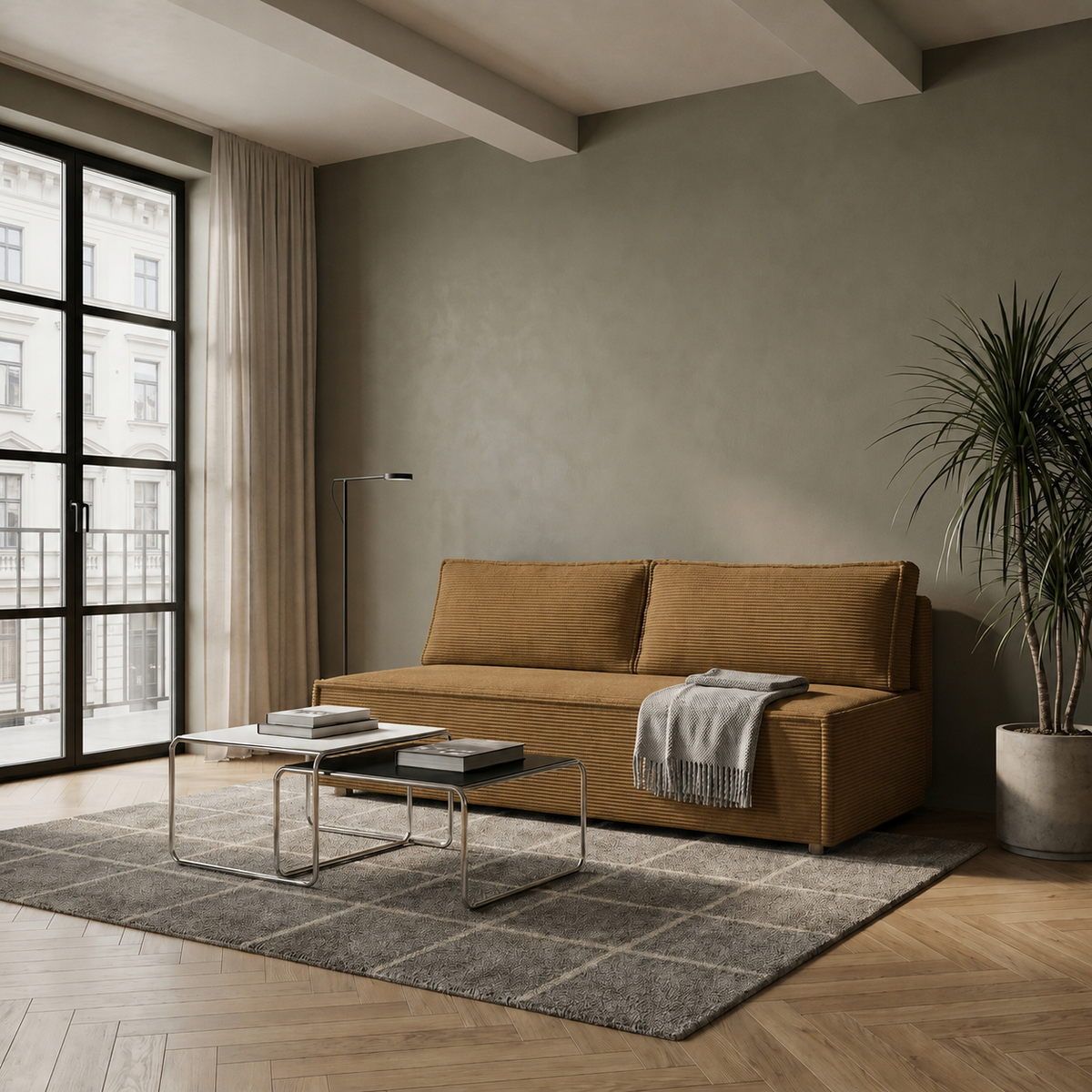 2-Sitzer Sofa LUNA mit Schlaffunktion & Bettkasten – modernes Design, Stoff POSO - Senf (Poso 01)