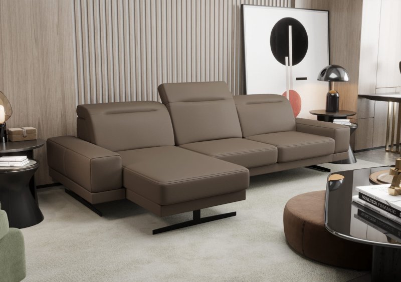 Fiore Mini Ecksofa – Modernes Ledersofa mit verstellbaren Kopfstützen und 16 cm hohen Füßen, Ledersofa Mokka (U-18)