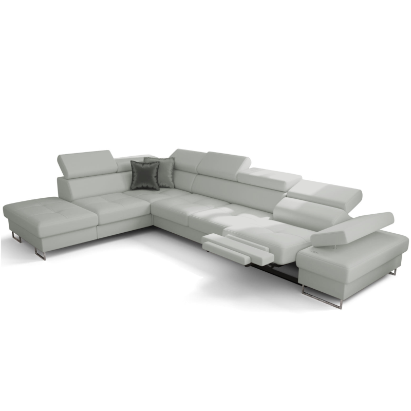 Ecksofa GALAXY RELAX Ledersofa 225×350 cm Schlaffunktion Bettkasten Relaxfunktion, Hellgrau U-24