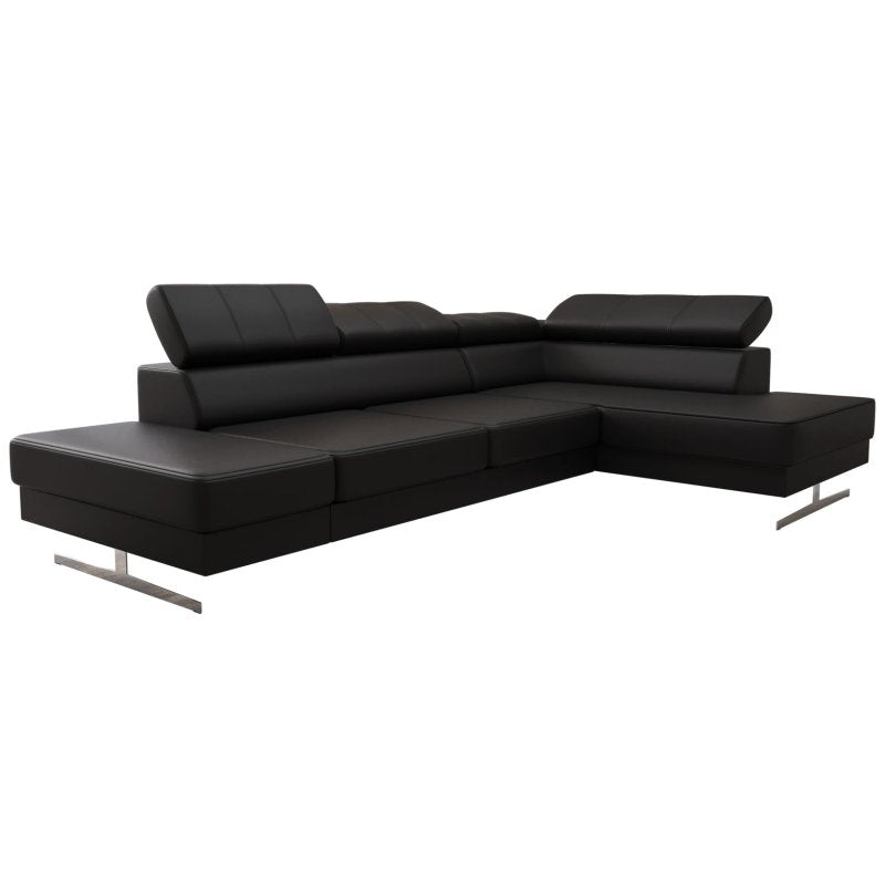 Ecksofa EMPORIO MINI aus Leder 300x180 cm – Ledersofa mit verstellbaren Kopfstützen, modernes Design, verschiedene Fußvarianten, Schwarz (K-70)