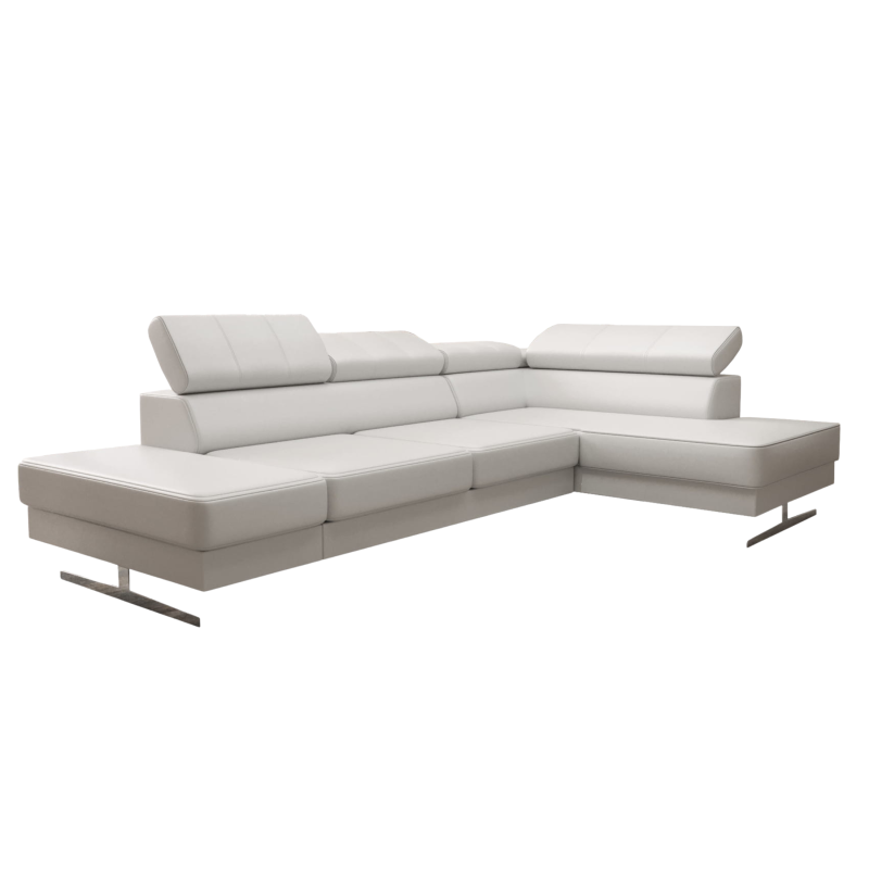 _Ecksofa EMPORIO MINI aus Leder 300x180 cm – Ledersofa mit verstellbaren Kopfstützen, modernes Design, verschiedene Fußvarianten, Weiß (D-1)