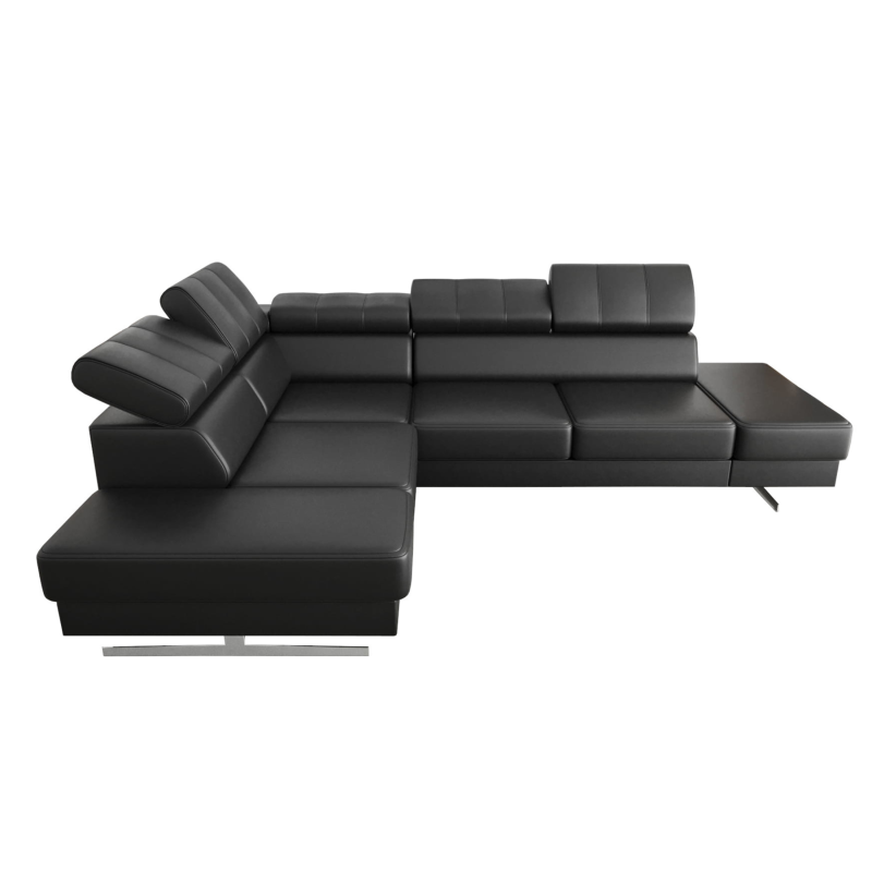 Ecksofa EMPORIO Ledersofa 225×300 cm mit verstellbaren Kopfstützen und Designfüßen, Schwarz K-70