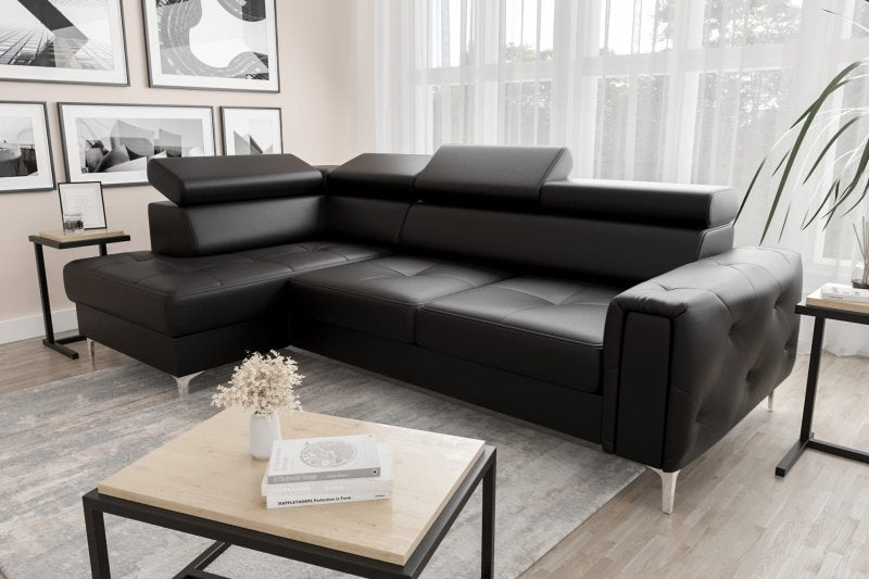 Ledersofa ORION L-Form 255x170 mit Schlaffunktion, Schwarz