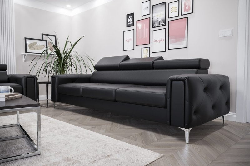 Ledersofa ORION III Leder Couch verstellbare Kopfstützen 255 cm Glamour - Schwarz
