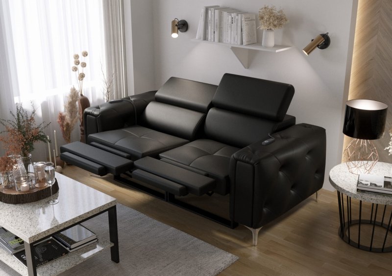 Ledersofa ORION II Leder Couch Relaxfunktion verstellbare Kopfstützen 190 cm - Schwarz