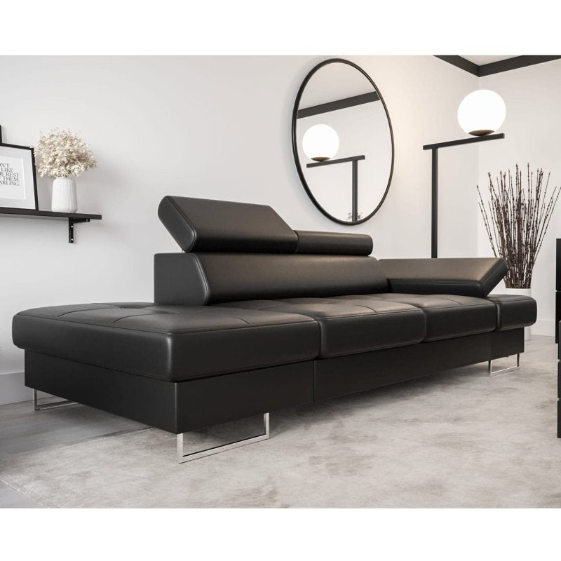Ledersofa GALAXY II CHAISELONGUE Leder Couch verstellbare Kopfstützen 235 cm - Schwarz