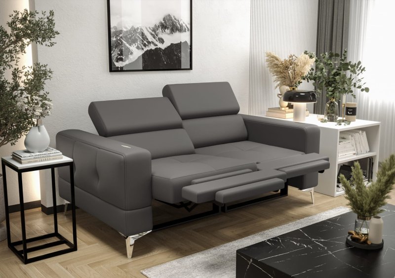 Ledersofa TOSCANIA II RELAX Leder Couch Relaxfunktion verstellbare Kopfstützen 185 cm - Dunkelgrau - U-25