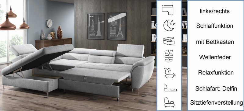 Ecksofa TEMPO mit Relaxfunktion Sitztiefenverstellung Schlafsofa mit Bettkasten