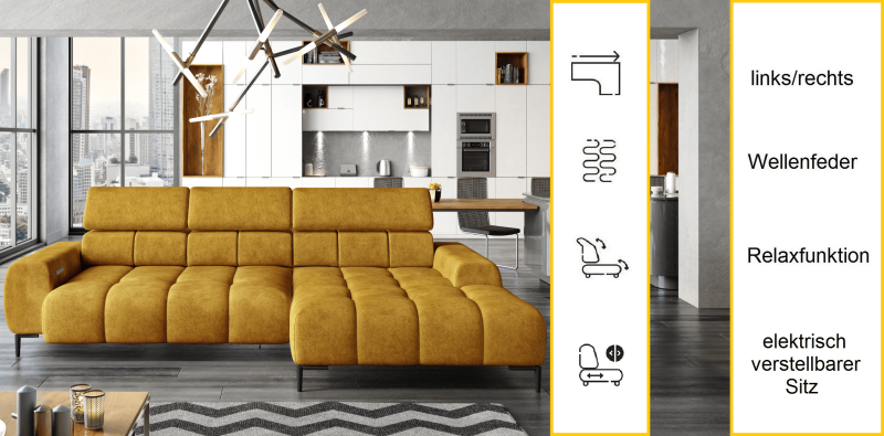 Ecksofa PLAZA MINI mit Relaxfunktion Elektrisch verstellbarer Sitz Sofa