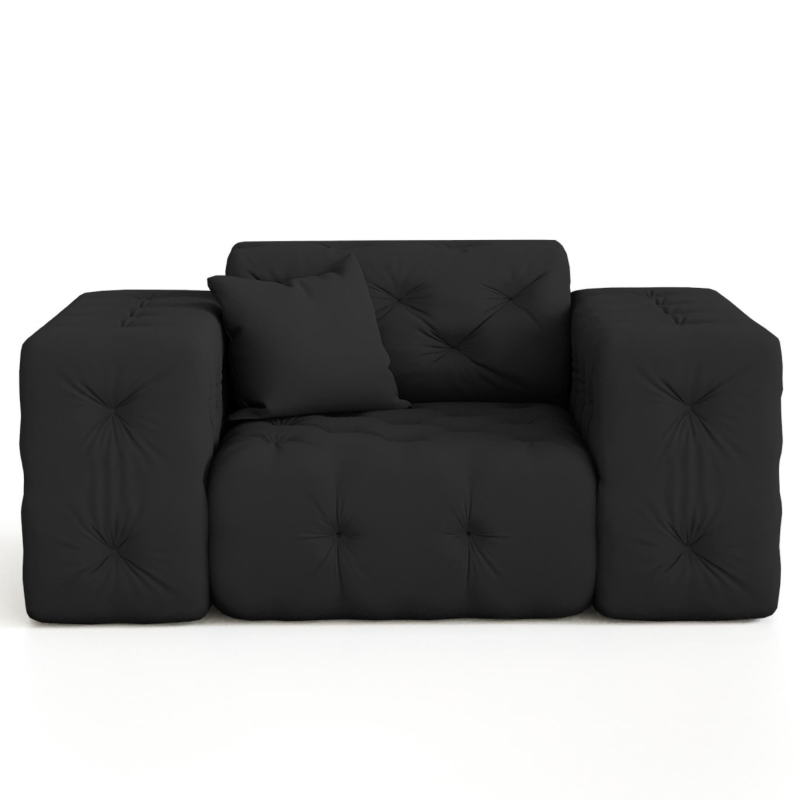 Sessel Modest – Chesterfield 1-Sitzer im modernen Samtstoff Opera, breite Armlehnen & dekoratives Kissen - Schwarz