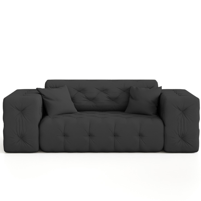Sofa Modest 2-Sitzer – Chesterfield-Stil im Samtstoff Opera, breite Armlehnen & dekorative Kissen - Schwarz