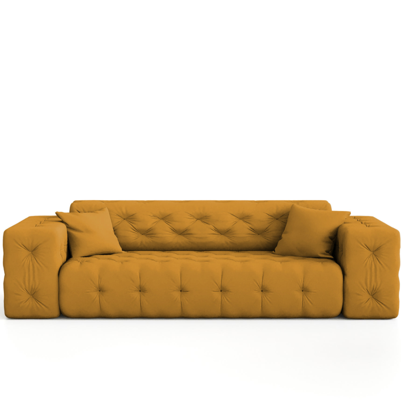 Sofa Modest 3-Sitzer – Chesterfield-Stil, Velvet Opera, dekorative Kissen, stilvolles Wohnzimmer - Senf