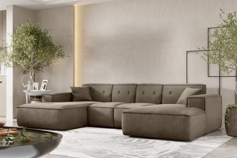Ecksofa Luga U M mit Tasten Samt Beige Stoff Dekor