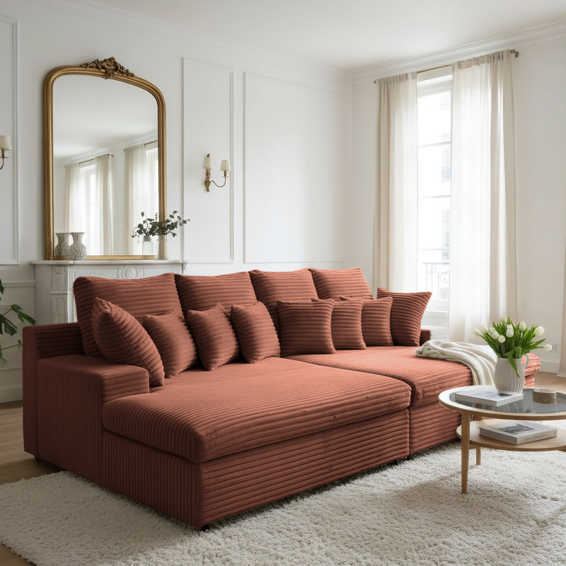 Sofa LAZY – große Familiencouch mit HR-Schaum & Schlaffunktion - Ziegel (Tilia 52)
