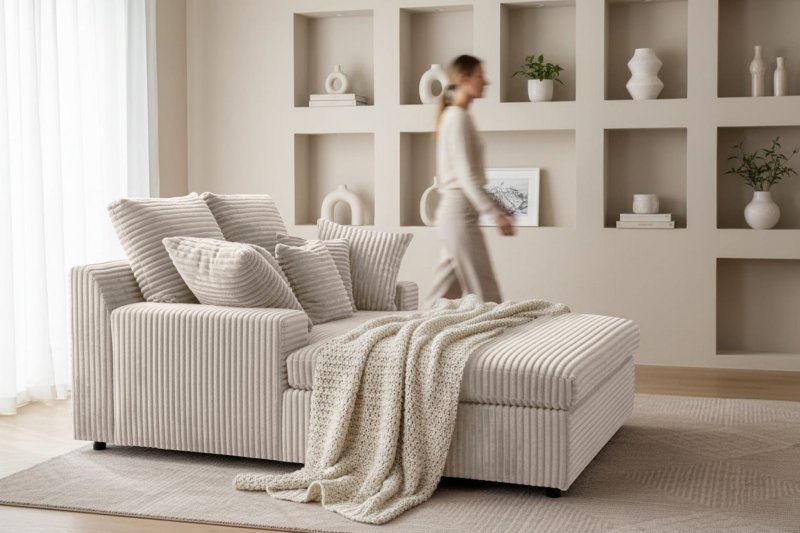 LAZY ONE Chaiselongue im modernen Cord-Look – luxuriöse Liege mit weichen Kissen & Komfortpolsterung - Beige