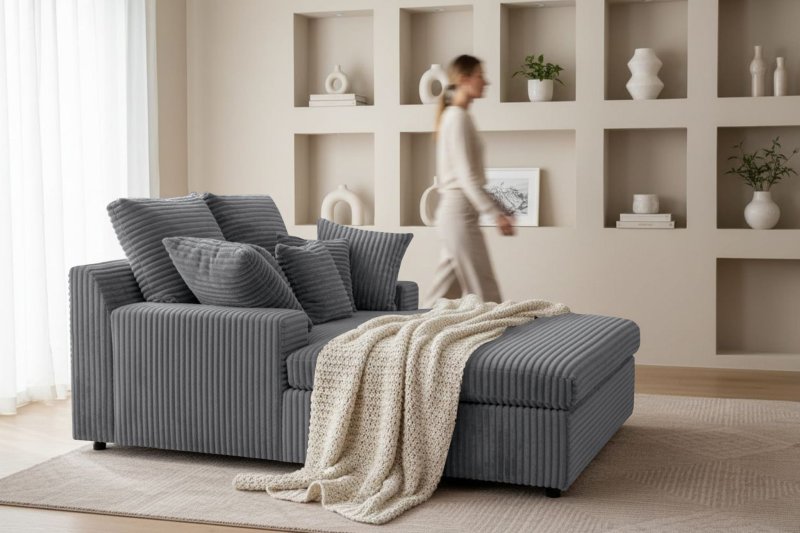 LAZY ONE Chaiselongue im modernen Cord-Look – luxuriöse Liege mit weichen Kissen & Komfortpolsterung - Grau