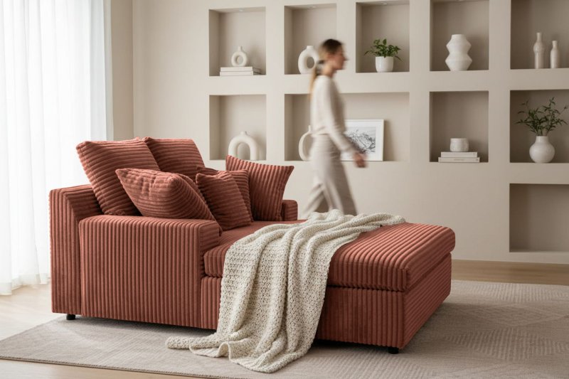 LAZY ONE Chaiselongue im modernen Cord-Look – luxuriöse Liege mit weichen Kissen & Komfortpolsterung - Orange, Ziegiel