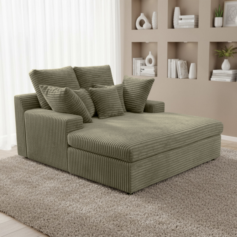 LAZY ONE Chaiselongue im modernen Cord-Look – luxuriöse Liege mit weichen Kissen & Komfortpolsterung - Olive.png