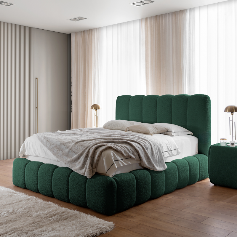 Designer Polsterbett CANDE mit Stauraum – elegantes Bett 180×200 cm für Ihr Schlafzimmer - Flaschengrün (Catch Me 12)