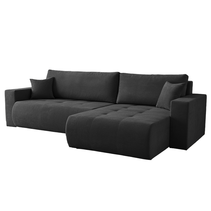 Ecksofa KORA – Modernes, komfortables Sofa mit Schlaffunktion und Stauraum für Wohnzimmer - Schwarz (Wind 99).png