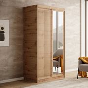 DELIA Kleiderschrank – Moderner Lamellen-Schrank, Schiebetürenschrank mit Spiegel & Stauraum | 100 cm - Holz