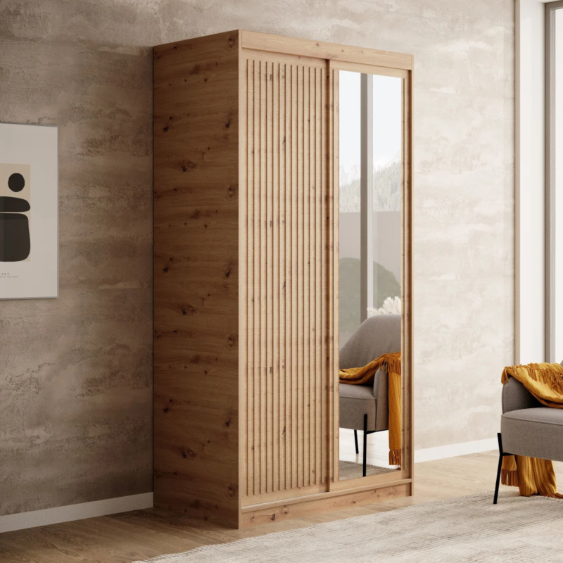 DELIA Kleiderschrank – Moderner Lamellen-Schrank, Schiebetürenschrank mit Spiegel & Stauraum | 100 cm - Holz