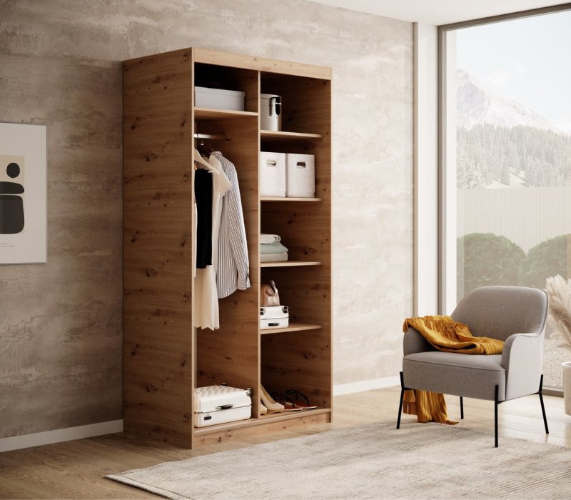 DELIA Kleiderschrank – Moderner Lamellen-Schrank, Schiebetürenschrank mit Spiegel & Stauraum | 100 cm - Holz