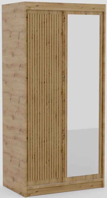 DELIA Kleiderschrank – Moderner Lamellen-Schrank, Schiebetürenschrank mit Spiegel & Stauraum | 100 cm - Holz