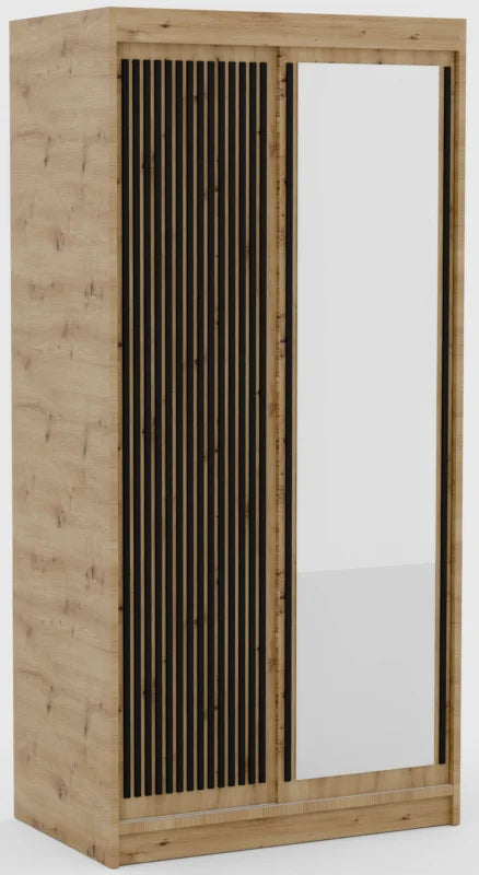 DELIA Kleiderschrank – Moderner Lamellen-Schrank, Schiebetürenschrank mit Spiegel & Stauraum | 100 cm - Holz / Schwarz