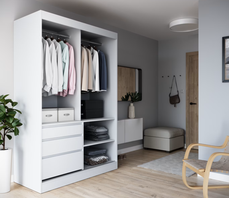 DELIA Kleiderschrank – Moderner Lamellen-Schrank, Schiebetürenschrank mit Spiegel & Stauraum | 100 cm - Weiß / Holz
