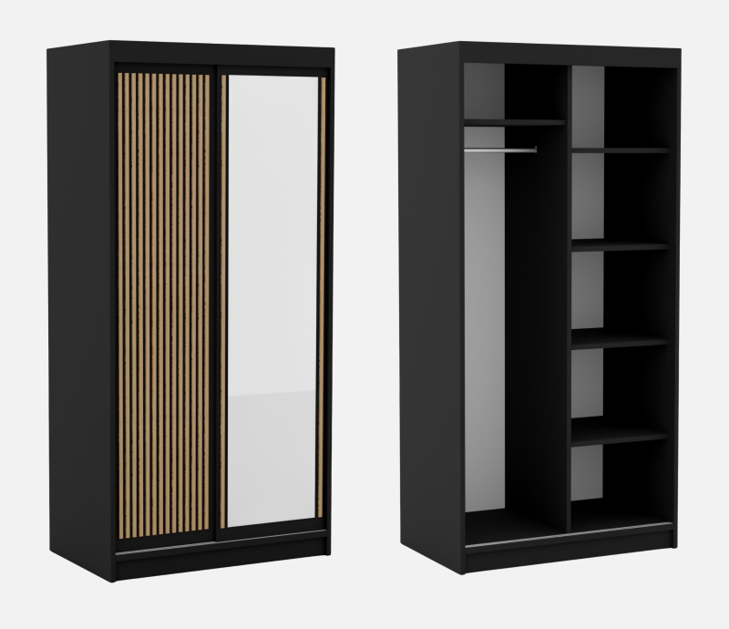DELIA Kleiderschrank – Moderner Lamellen-Schrank, Schiebetürenschrank mit Spiegel & Stauraum | 100 cm - Schwarz / Holz