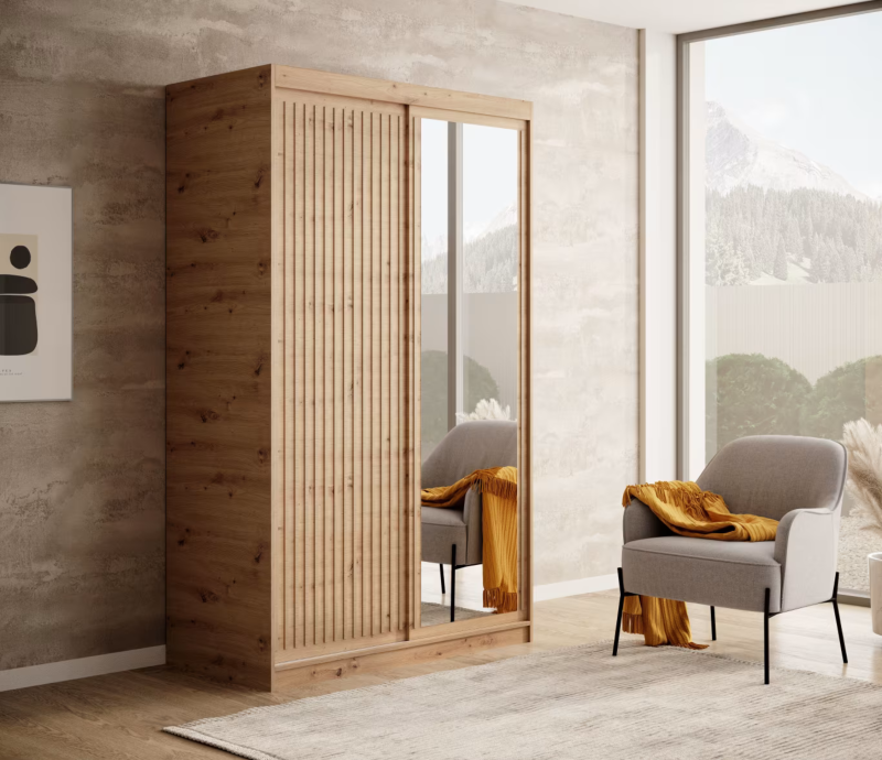 DELIA Kleiderschrank – Moderner Lamellen-Schrank, Schiebetürenschrank mit Spiegel & Stauraum | 120 cm - Holz